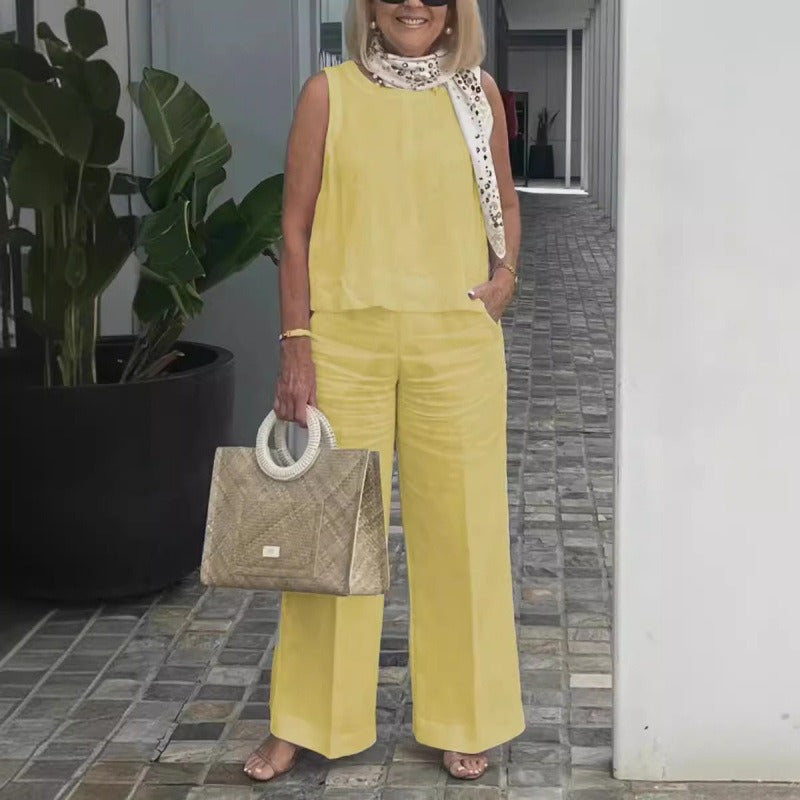 Women’s Two-Piece Set – Relaxed Fit – Cotton Linen – Sleeveless Top – Wide-Leg Pants