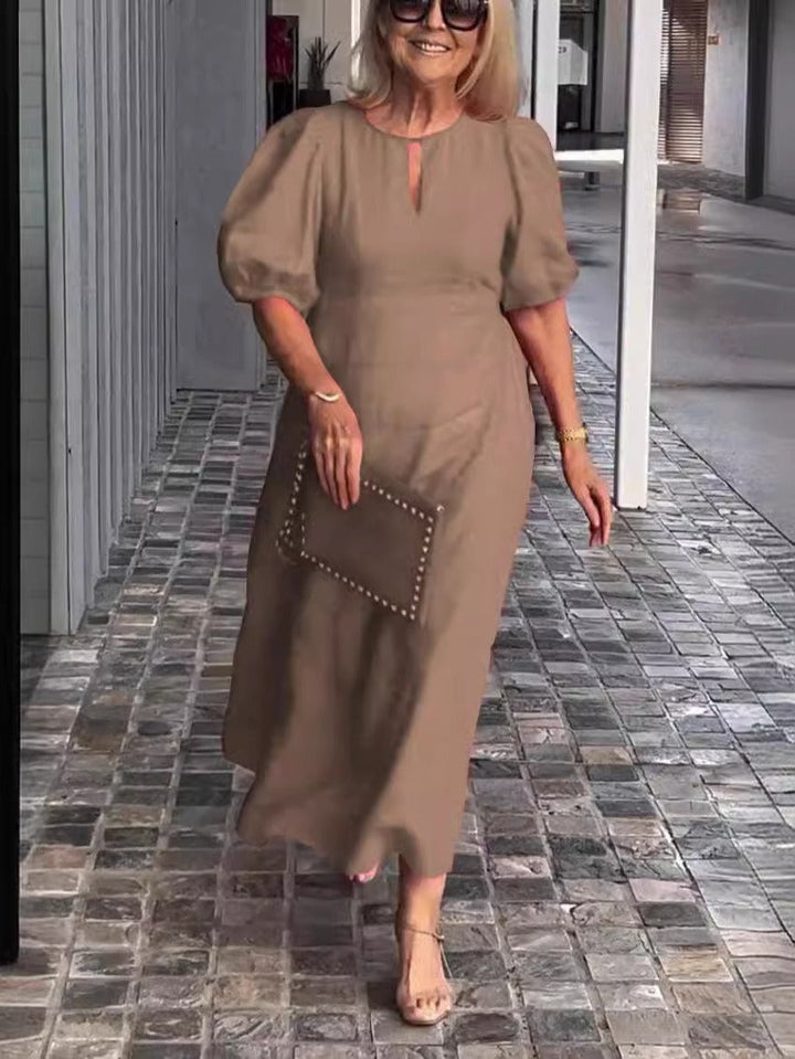 Women’s Midi Dress - Relaxed Fit - Puff Sleeve - Cotton - Round Neck with Keyhole Detail