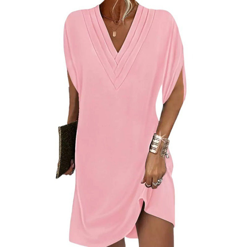 Women’s Mini Dress – V-Neck Draped Fit – Batwing Sleeve – Pleated