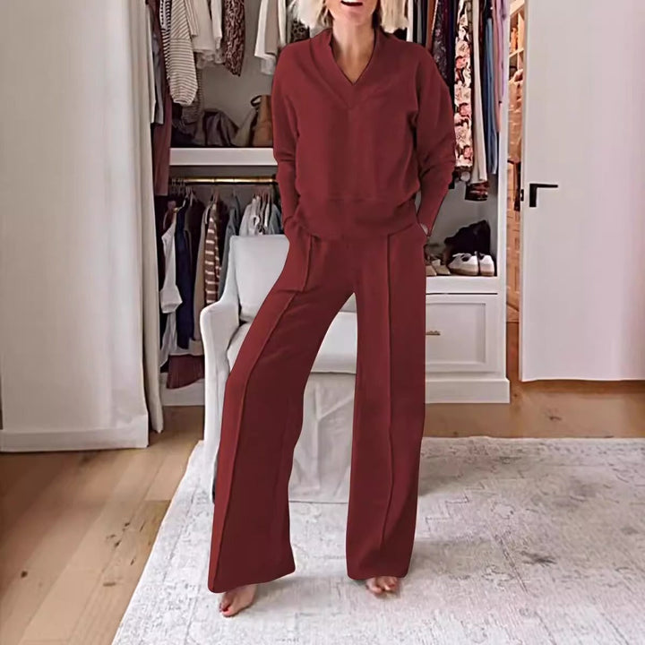 Women’s Two-Piece Set – V-Neck Long Sleeve Top – High Waist Wide-Leg Pants – Relaxed Fit