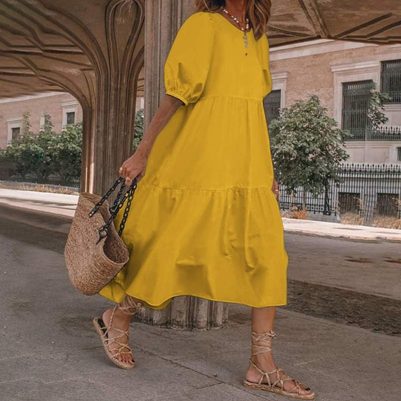 Women’s Midi Dress – Cotton Blend – A-Line Fit – V-Neck Boho Style – Puff Sleeves