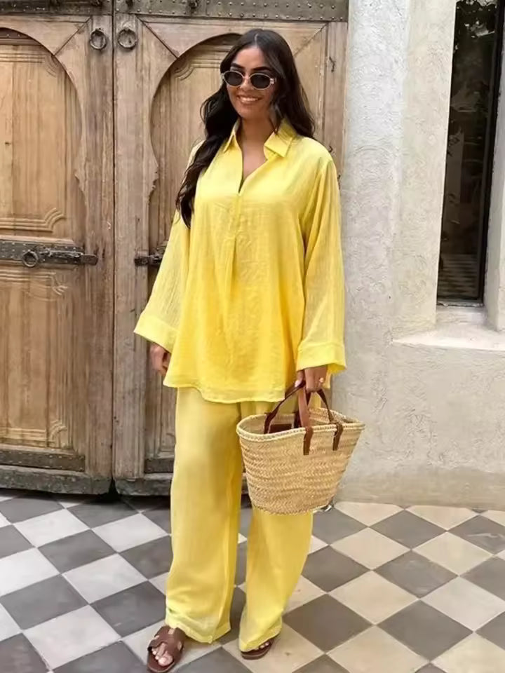 Women’s Two-Piece Set – Relaxed Fit – Lapel Blouse – Wide-Leg Pants – Cotton Linen