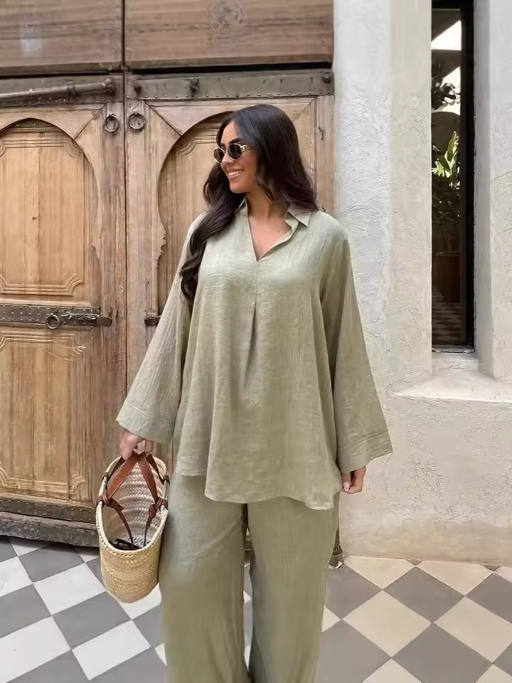 Women’s Two-Piece Set – Relaxed Fit – Lapel Blouse – Wide-Leg Pants – Cotton Linen