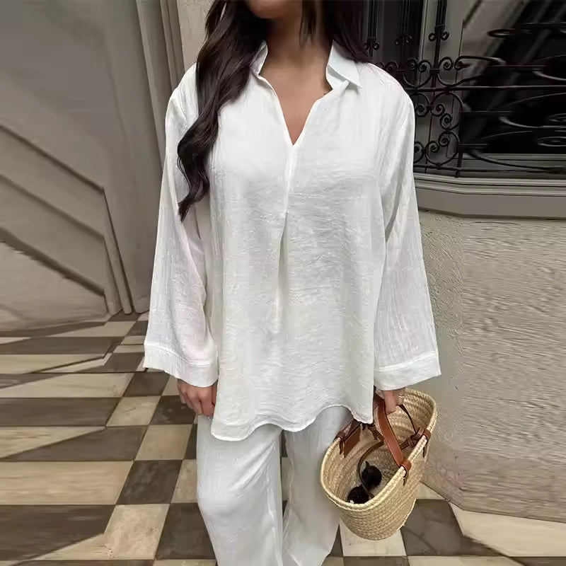 Women’s Two-Piece Set – Relaxed Fit – Lapel Blouse – Wide-Leg Pants – Cotton Linen