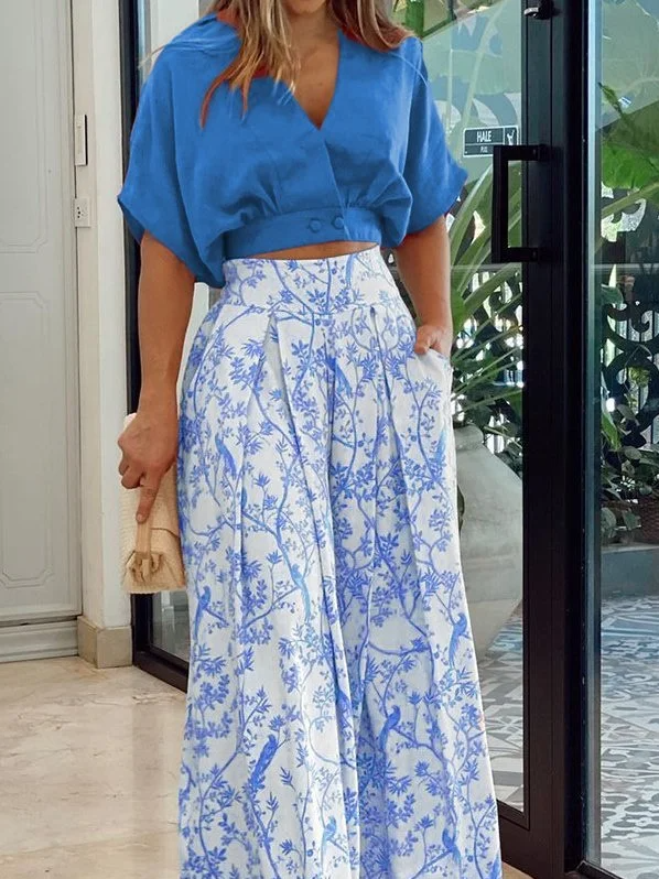 Women’s Two-Piece Set – Relaxed Fit Top with Dolman Sleeves – High-Waisted Wide-Leg Pants – Breathable Blend