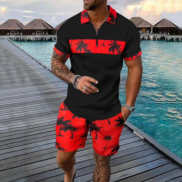 Men’s Casual Suit Set – Zip Polo Shirt – Tropical Pattern – Drawstring Shorts – Relaxed Fit