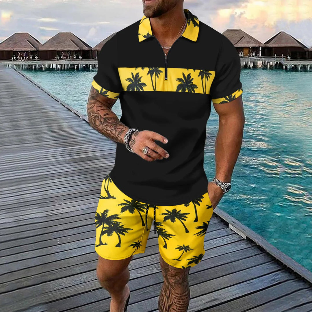 Men’s Casual Suit Set – Zip Polo Shirt – Tropical Pattern – Drawstring Shorts – Relaxed Fit