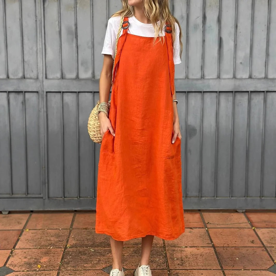 Women’s Midi Dress – Linen – Relaxed Fit – Adjustable Straps – Front Pockets