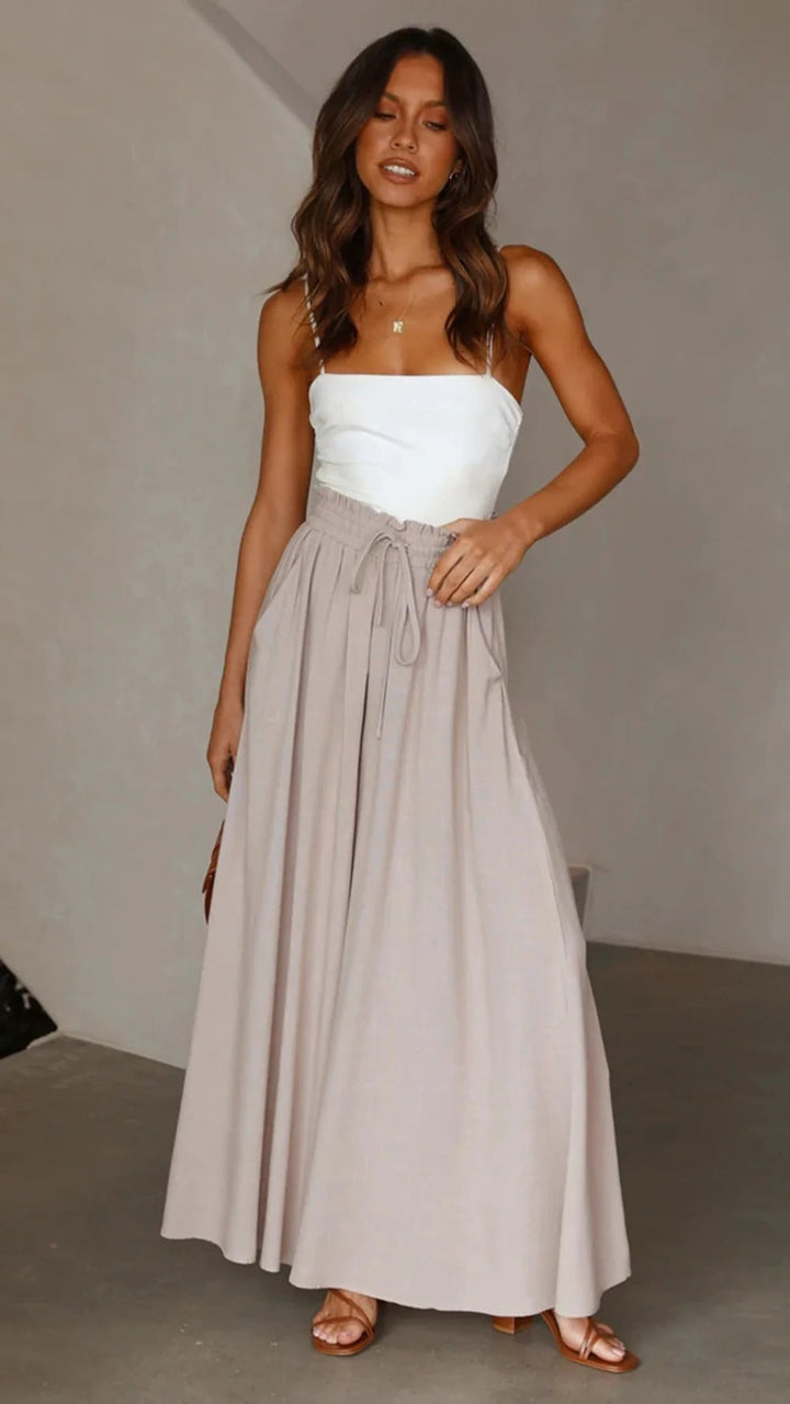 Women’s Wide-Leg Pants – Relaxed Fit – Pleated Cotton Blend – Elastic Waist with Drawstring