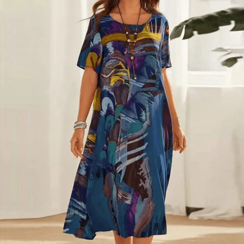 Women’s Midi Dress – Relaxed Fit – Cotton – Short Sleeve – Abstract Print