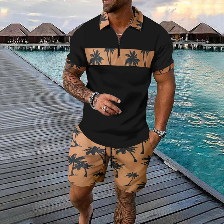 Men’s Casual Suit Set – Zip Polo Shirt – Tropical Pattern – Drawstring Shorts – Relaxed Fit