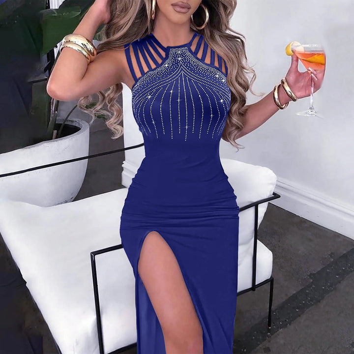 Women’s Maxi Dress – Strappy Bodice – Sparkling Detail – High Slit – Elegant Fit