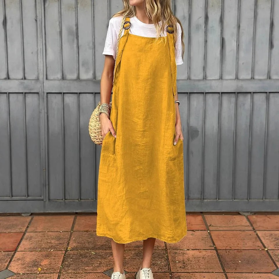 Women’s Midi Dress – Linen – Relaxed Fit – Adjustable Straps – Front Pockets
