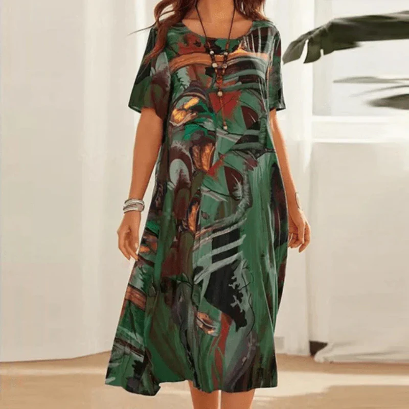 Women’s Midi Dress – Relaxed Fit – Cotton – Short Sleeve – Abstract Print