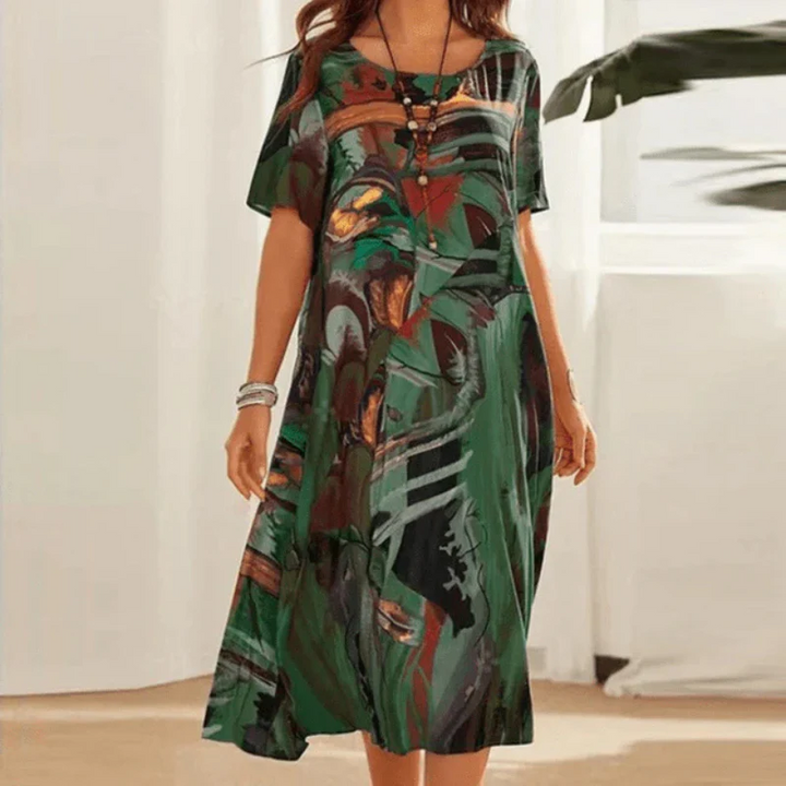 Women’s Midi Dress – Relaxed Fit – Cotton – Short Sleeve – Abstract Print