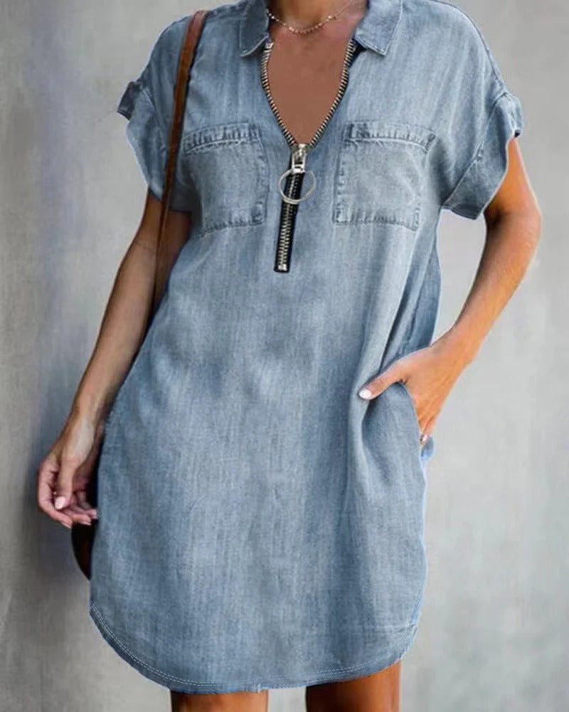 Women’s Denim Dress – Relaxed Fit – Zipper Front – Short Sleeve – Utility Pockets