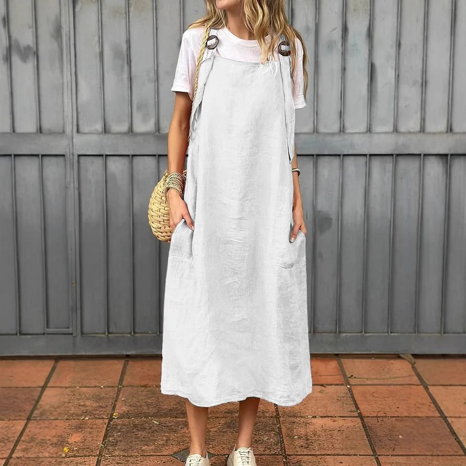 Women’s Midi Dress – Linen – Relaxed Fit – Adjustable Straps – Front Pockets