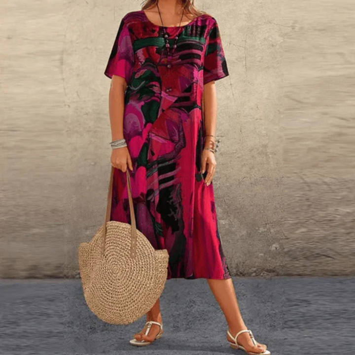 Women’s Midi Dress – Relaxed Fit – Cotton – Short Sleeve – Abstract Print