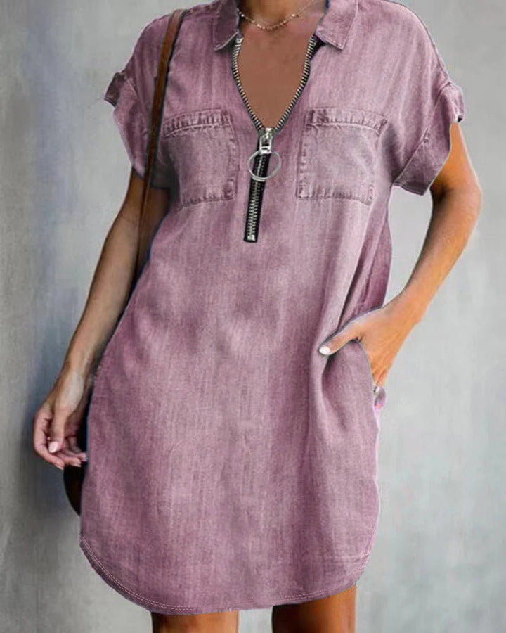 Women’s Denim Dress – Relaxed Fit – Zipper Front – Short Sleeve – Utility Pockets