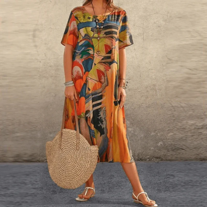 Women’s Midi Dress – Relaxed Fit – Cotton – Short Sleeve – Abstract Print