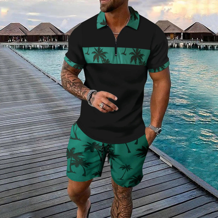 Men’s Casual Suit Set – Zip Polo Shirt – Tropical Pattern – Drawstring Shorts – Relaxed Fit