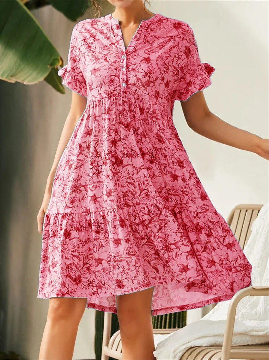 Women’s A-Line Dress – V-Neck – Ruffled Sleeve – Tiered Skirt – Floral Print