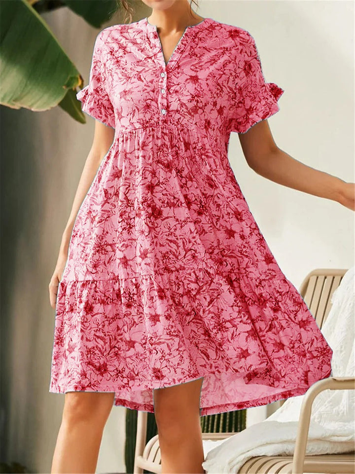 Women’s A-Line Dress – V-Neck – Ruffled Sleeve – Tiered Skirt – Floral Print