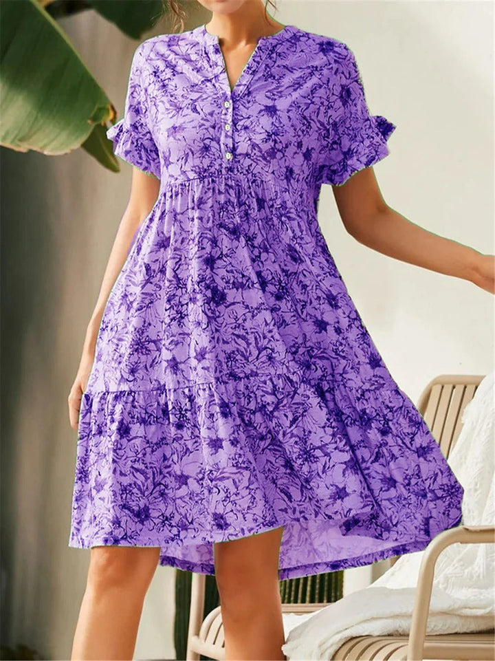 Women’s A-Line Dress – V-Neck – Ruffled Sleeve – Tiered Skirt – Floral Print