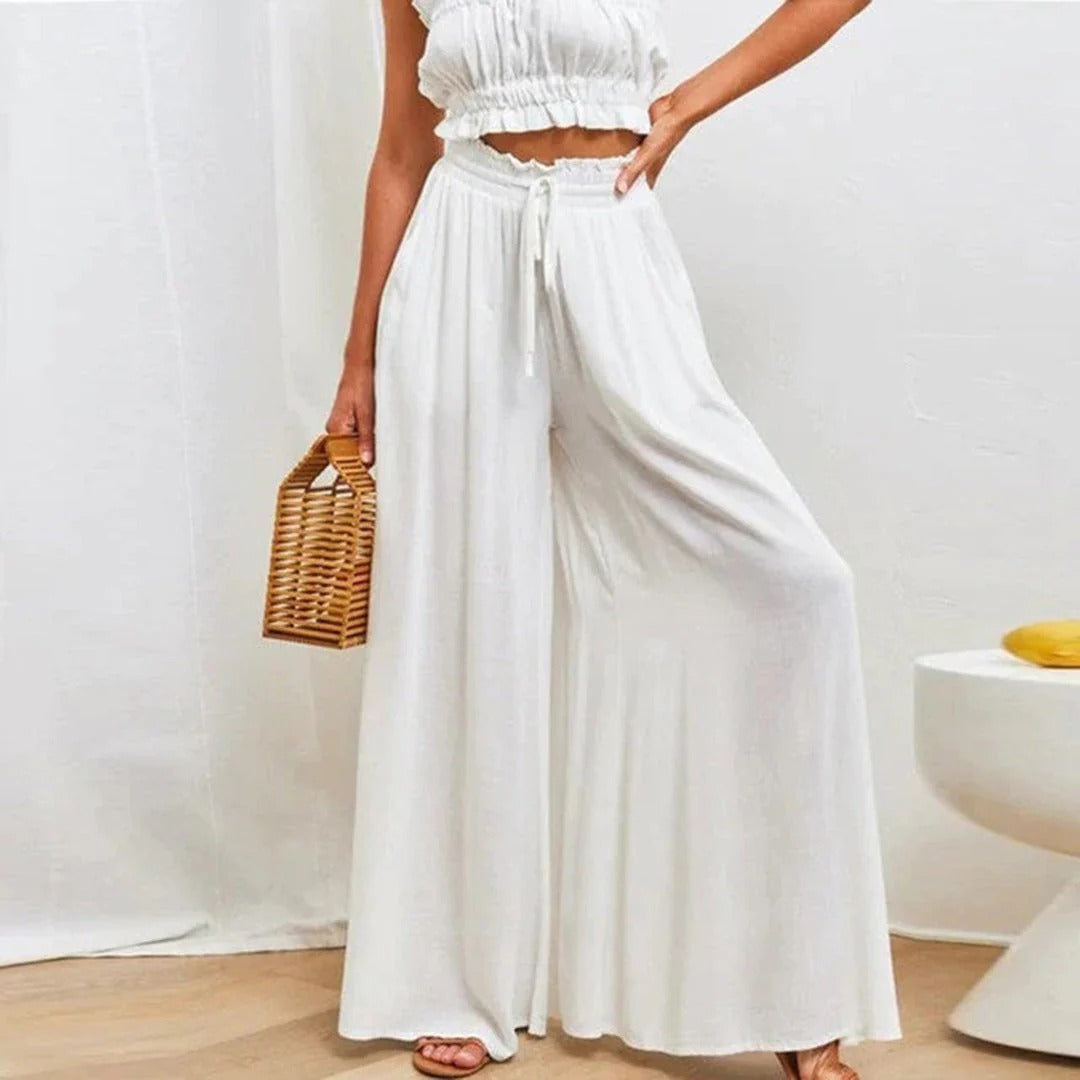 Women’s Wide-Leg Pants – High Waist – Breathable Cotton – Drawstring Waist – Full Length