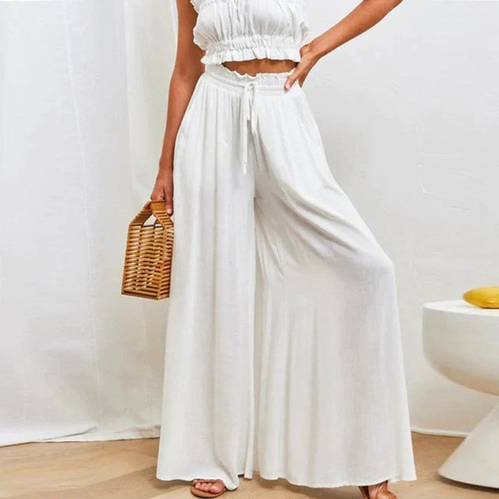 Women’s Wide-Leg Pants – High Waist – Breathable Cotton – Drawstring Waist – Full Length