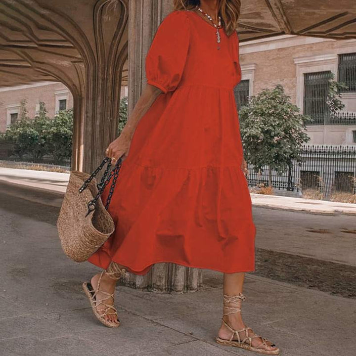 Women’s Midi Dress – Cotton Blend – A-Line Fit – V-Neck Boho Style – Puff Sleeves