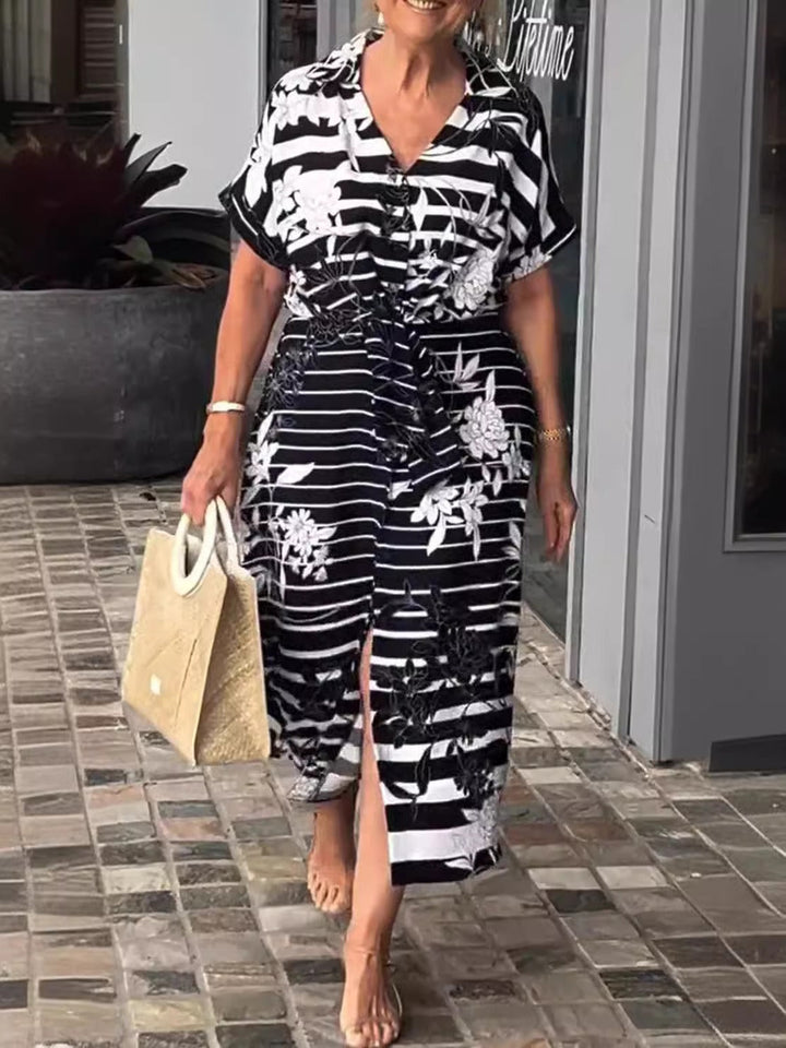 Women’s Shirt Dress – Relaxed Fit – Belted Waist – Cotton Blend – Midi Length – Side Slit