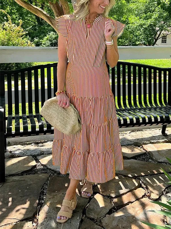 Women’s Midi Dress – Relaxed Fit – V-Neck – Tiered Skirt – Short Ruffle Sleeves – Cotton