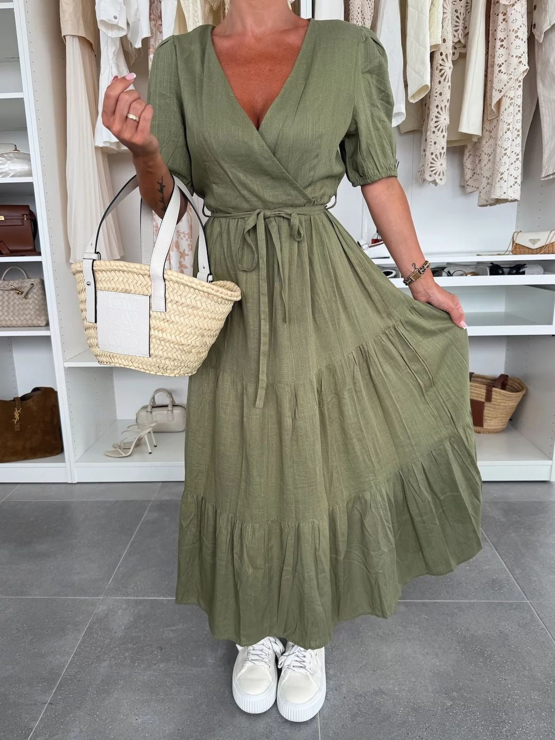 Women’s V-Neck Dress – Flowing A-Line – Wrap Front – Puff Sleeve – Belted Waist