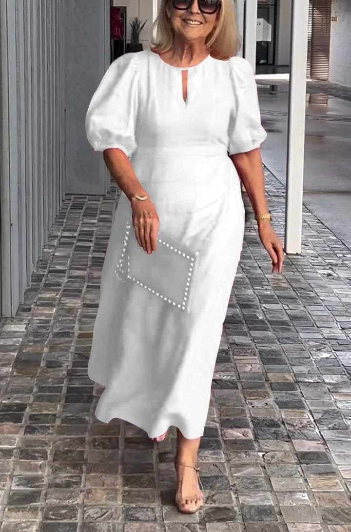 Women’s Midi Dress - Relaxed Fit - Puff Sleeve - Cotton - Round Neck with Keyhole Detail