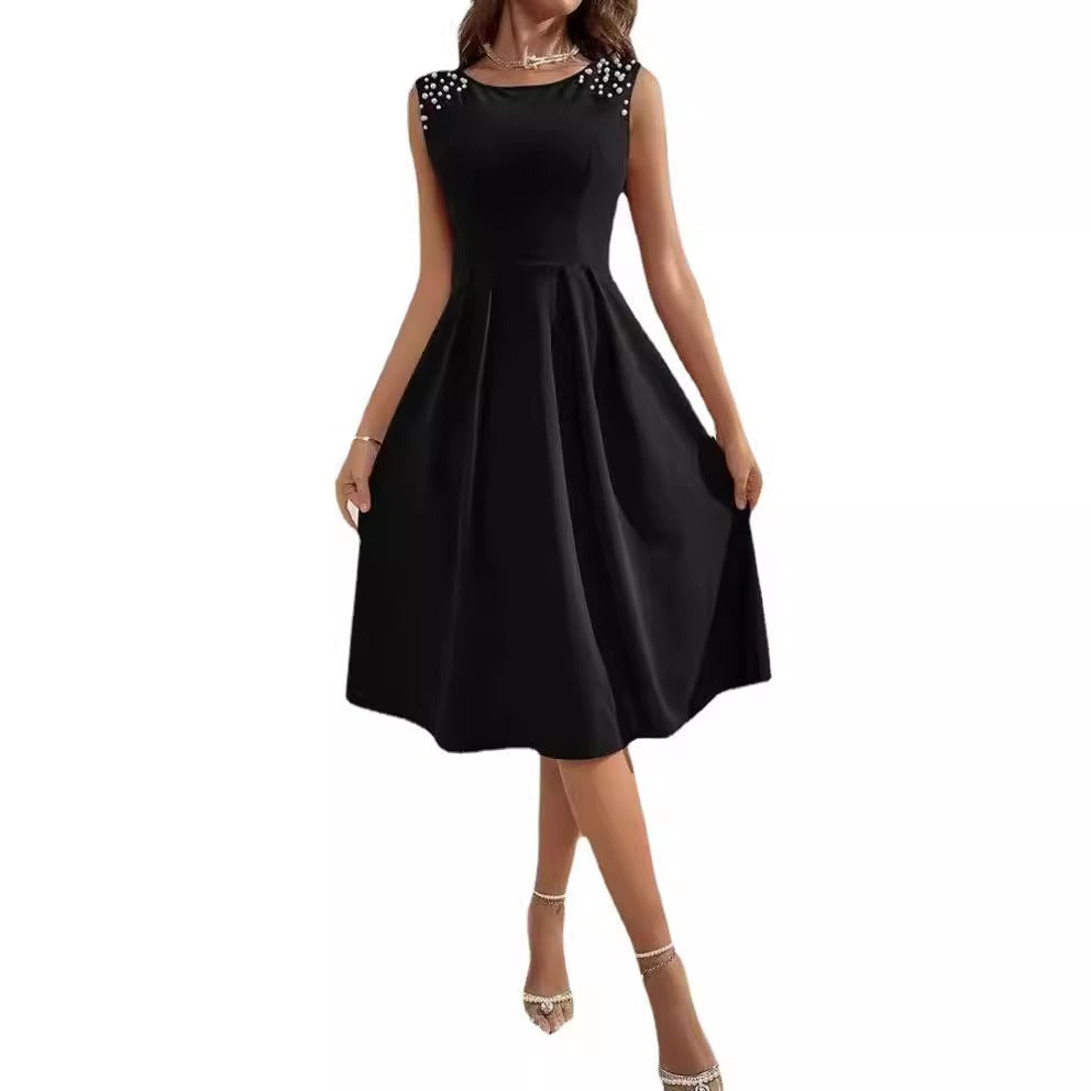 Women’s Midi Dress – Fitted Waist – A-Line Silhouette – Beaded Shoulder Detail
