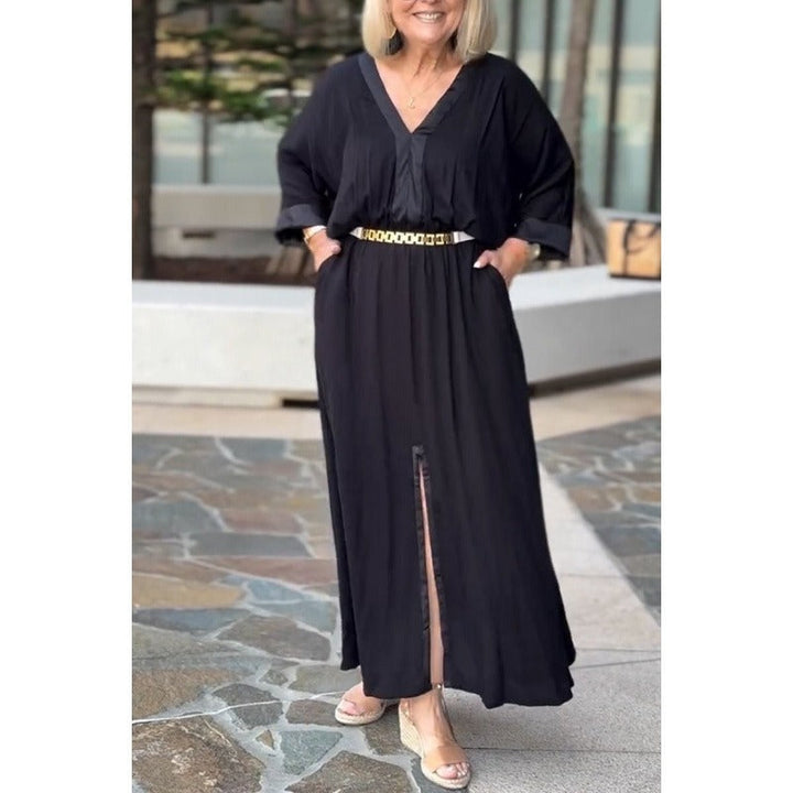 Women’s Maxi Dress – V-Neck – Long Sleeve – Cinched Waist – Front Slit – Relaxed Fit