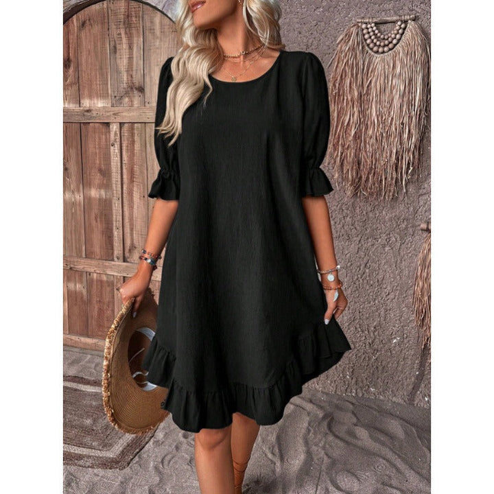 Women’s A-Line Dress – Cotton Linen – Ruffle Trim – Mid Sleeve – Relaxed Fit