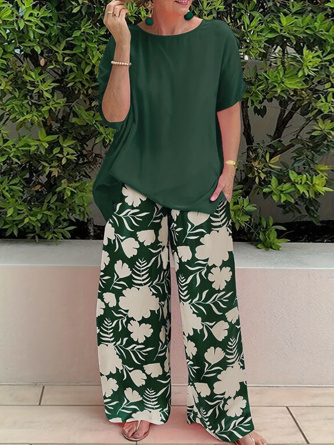 Women's Pants Set – Relaxed Fit Top – Wide Leg – Cotton – Floral Print – Casual Style