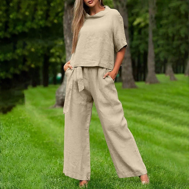 Women’s Two-Piece Set – Relaxed Fit – Short Sleeve Top – Wide-Leg Pants – Cotton