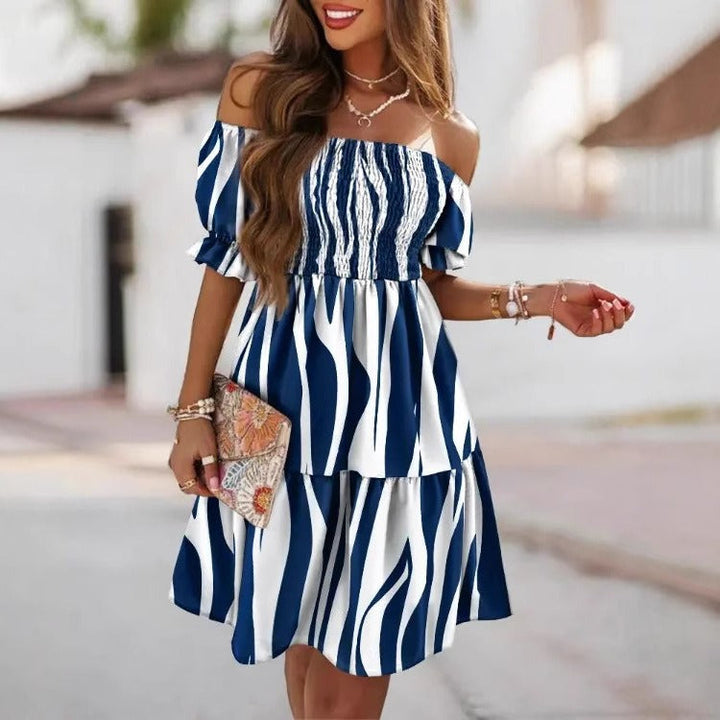 Women’s Midi Dress – Off-Shoulder Ruffle – Smocked Bodice – Puff Sleeve A-Line Fit