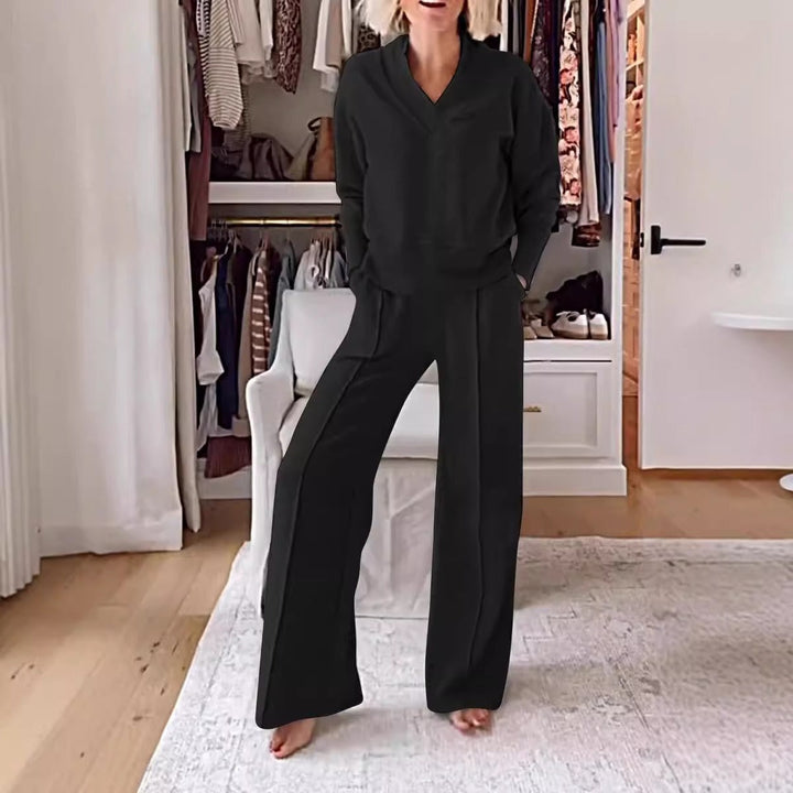 Women’s Two-Piece Set – V-Neck Long Sleeve Top – High Waist Wide-Leg Pants – Relaxed Fit