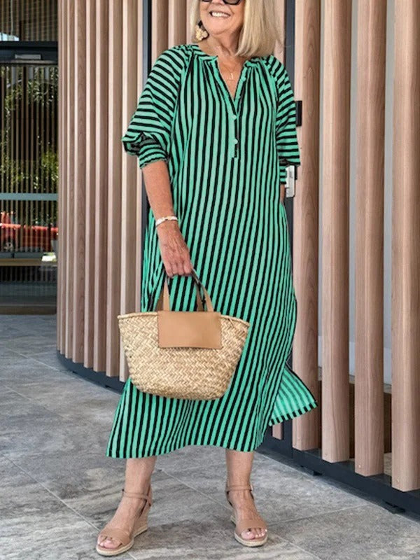Women’s Midi Dress – V-Neck – Flutter Sleeve – Striped – Relaxed Fit – Cotton Blend