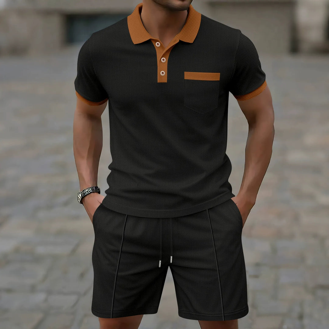 Men’s Polo Shirt and Shorts Set - Slim Fit - Half Button - Chest Pocket