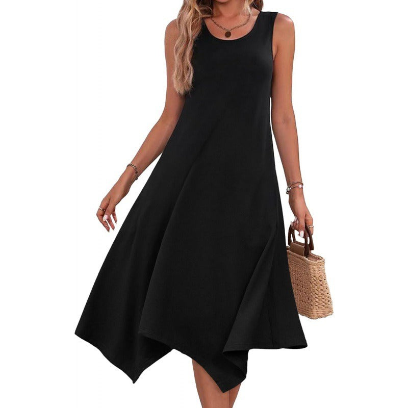 Women’s Midi Dress – Cotton Blend – A-Line Fit – Sleeveless – Asymmetrical Hem – Abstract Print