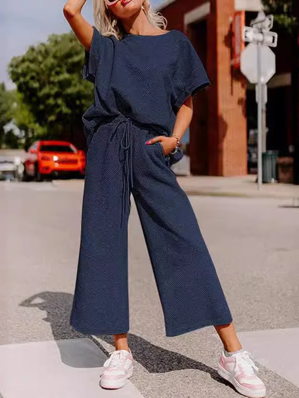 Women’s Two-Piece Set – Soft Knit – Relaxed Fit – Short Sleeve Top & Wide-Leg Pants