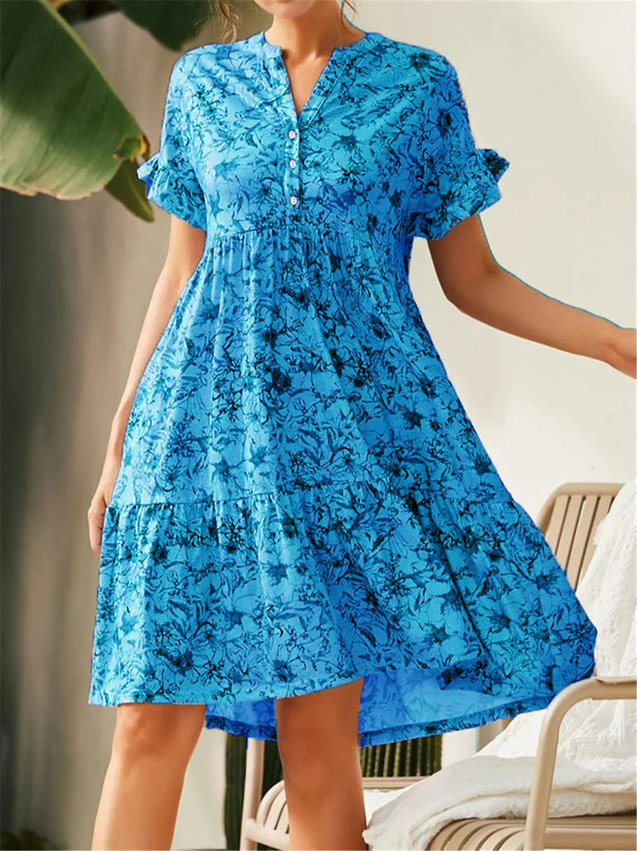Women’s A-Line Dress – V-Neck – Ruffled Sleeve – Tiered Skirt – Floral Print
