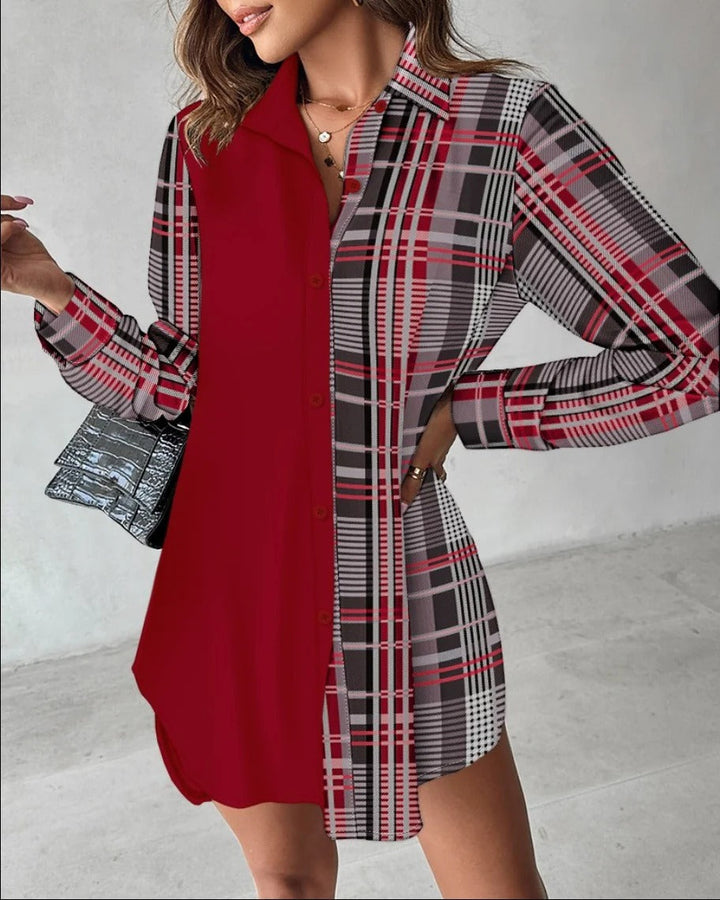 Women’s Shirt Dress – Relaxed Fit – Long Sleeve – Mini Length – Leopard Print – Color Block