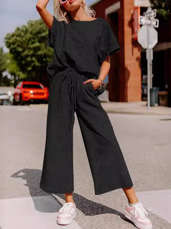 Women’s Two-Piece Set – Soft Knit – Relaxed Fit – Short Sleeve Top & Wide-Leg Pants
