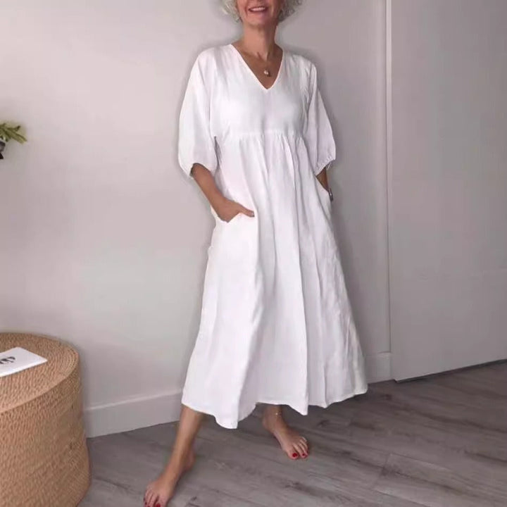 Women’s Midi Dress – Cotton Linen – Relaxed Fit – V-Neck – Cuffed Sleeves – Pockets